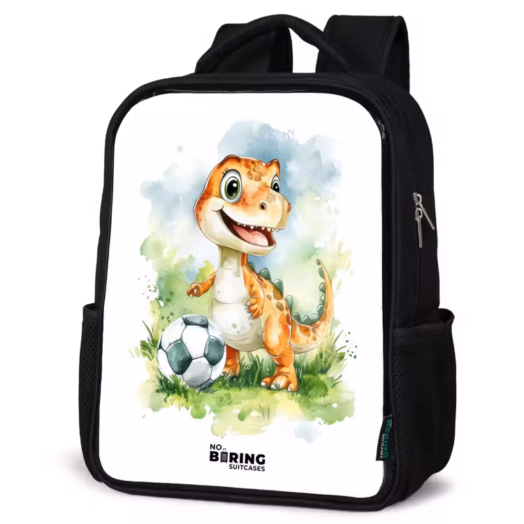 Sac à dos enfant - Noir - Dino avec un ballon de football dans un champ coloré — 6