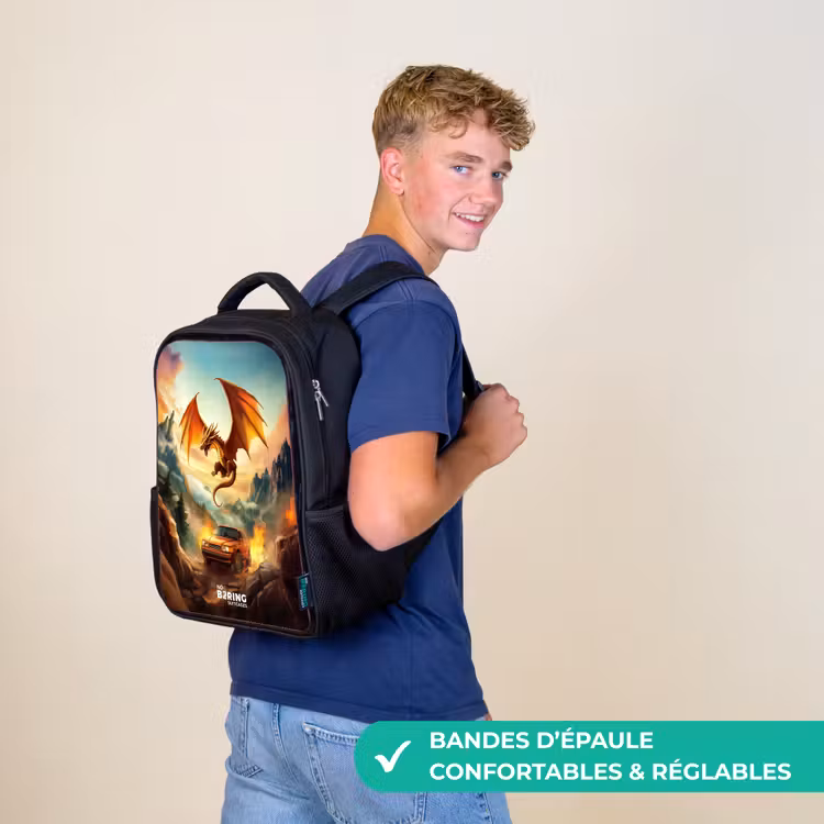 Sac à dos enfant - Noir - Dragon volant sur une route de montagne enflammée — 11