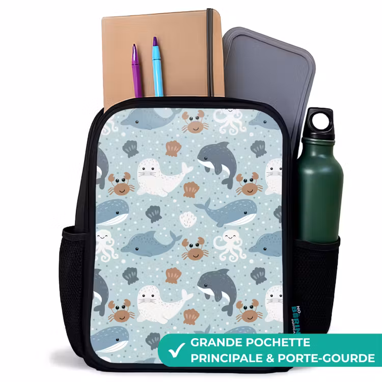 Sac à dos enfant - Noir - Motif d'animaux marins avec dauphins, phoques et crabes — 10
