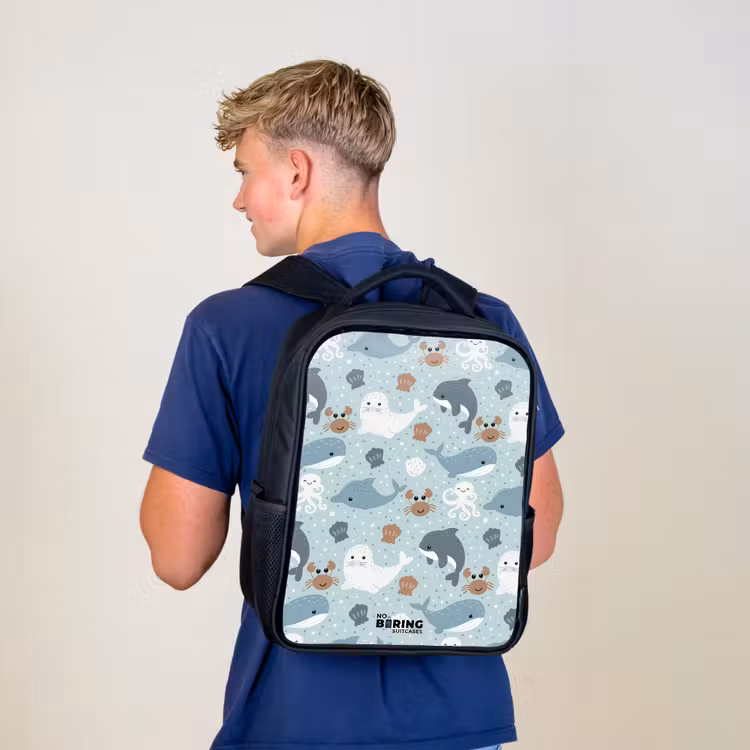 Sac à dos enfant - Noir - Motif d'animaux marins avec dauphins, phoques et crabes — 5