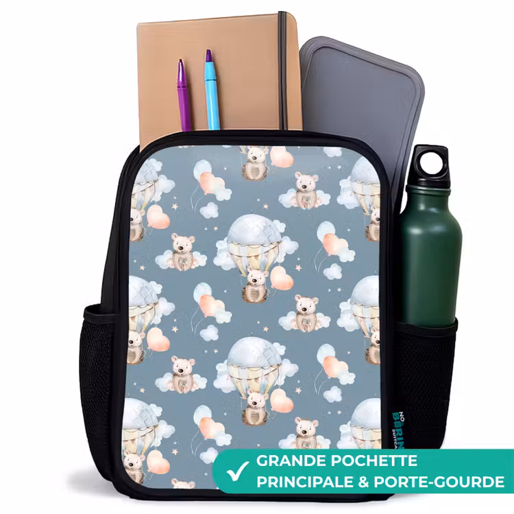 Sac à dos enfant - Noir - Ours en montgolfière parmi les nuages et les ballons — 10