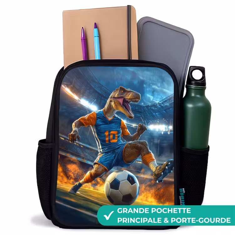 Sac à dos enfant - Noir - T-Rex en footballeur dans un stade plein — 10