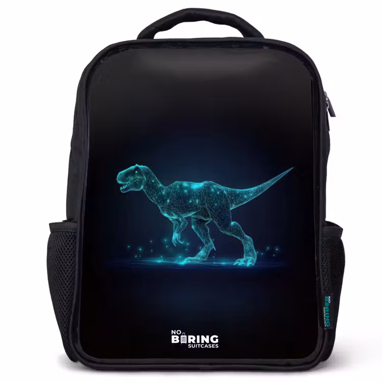 Sac à dos enfant - Noir - T-Rex numérique dans un champ de lumière bleue — 1