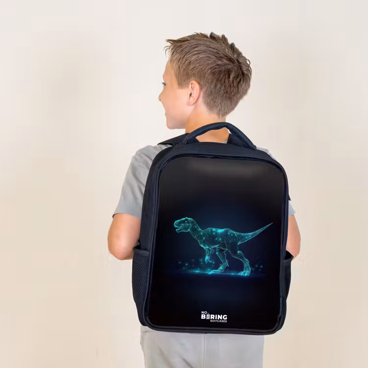 Sac à dos enfant - Noir - T-Rex numérique dans un champ de lumière bleue — 2