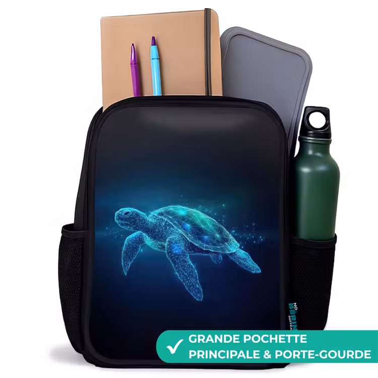 Sac à dos enfant - Noir - Tortue lumineuse dans l'océan numérique — 10