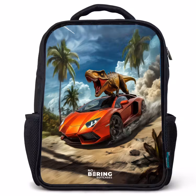 Sac à dos enfant - Noir - Voiture de sport rouge avec dino sur une plage tropicale — 1