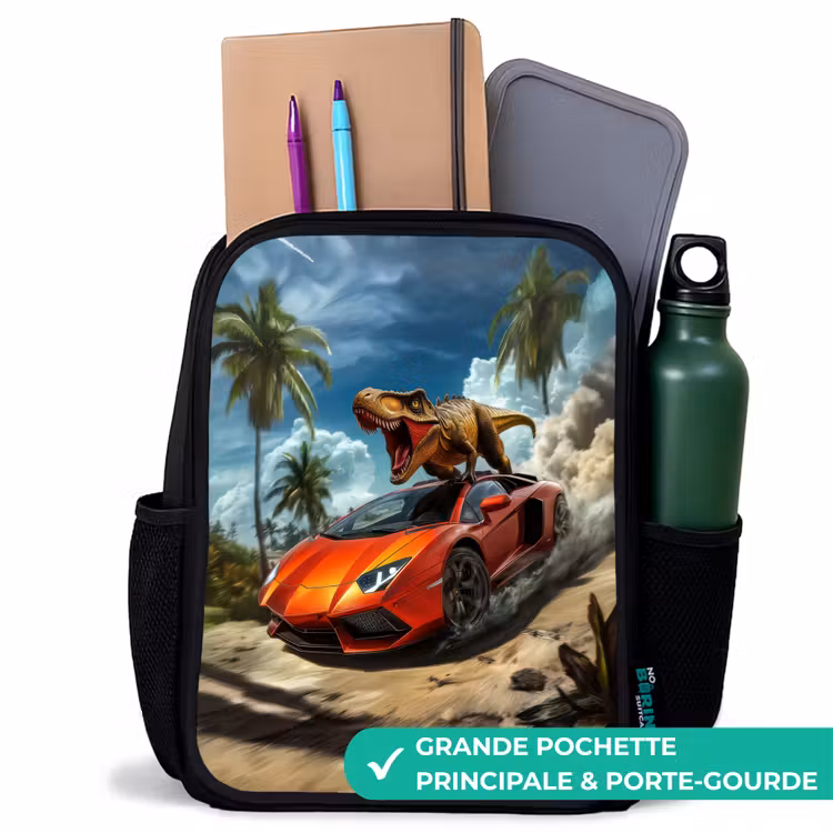Sac à dos enfant - Noir - Voiture de sport rouge avec dino sur une plage tropicale — 10