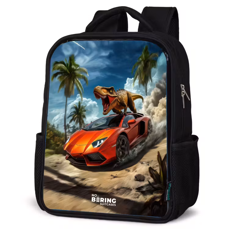 Sac à dos enfant - Noir - Voiture de sport rouge avec dino sur une plage tropicale — 6