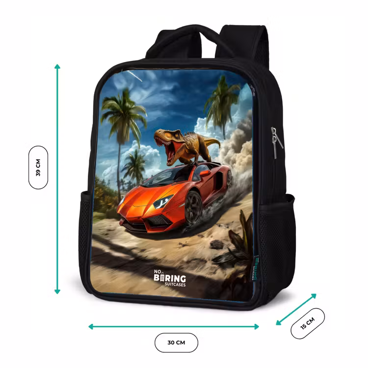 Sac à dos enfant - Noir - Voiture de sport rouge avec dino sur une plage tropicale — 8