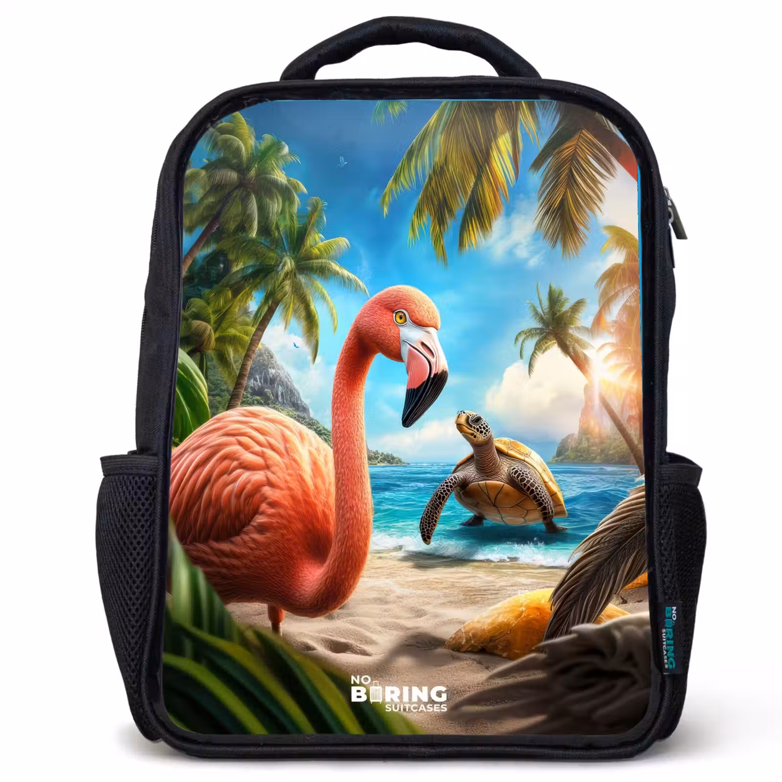 Sac à dos enfant - Noir - Flamant et tortue sur une plage tropicale — 1