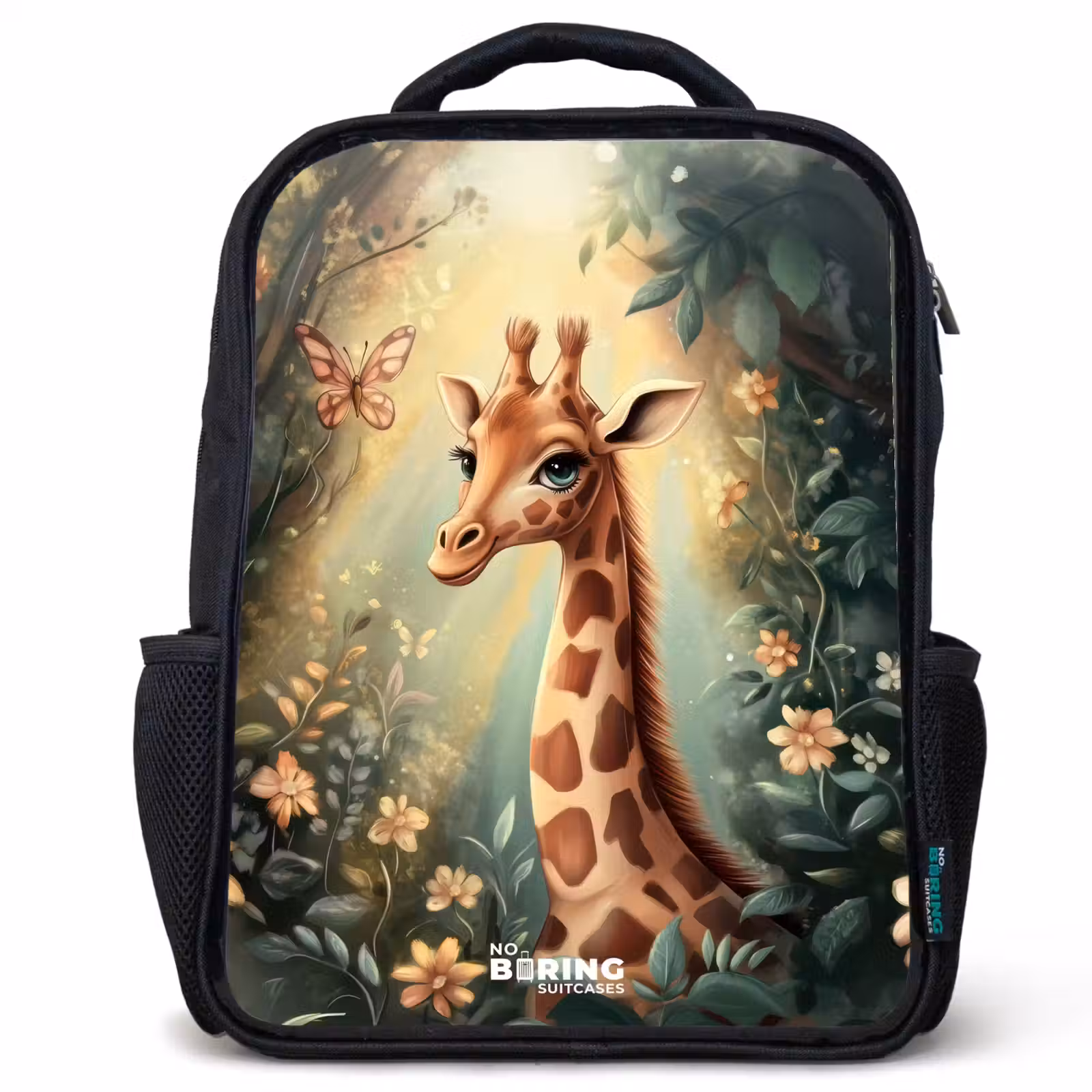 Sac à dos enfant - Noir - Jeune girafe parmi les fleurs dans une forêt ensoleillée — 1