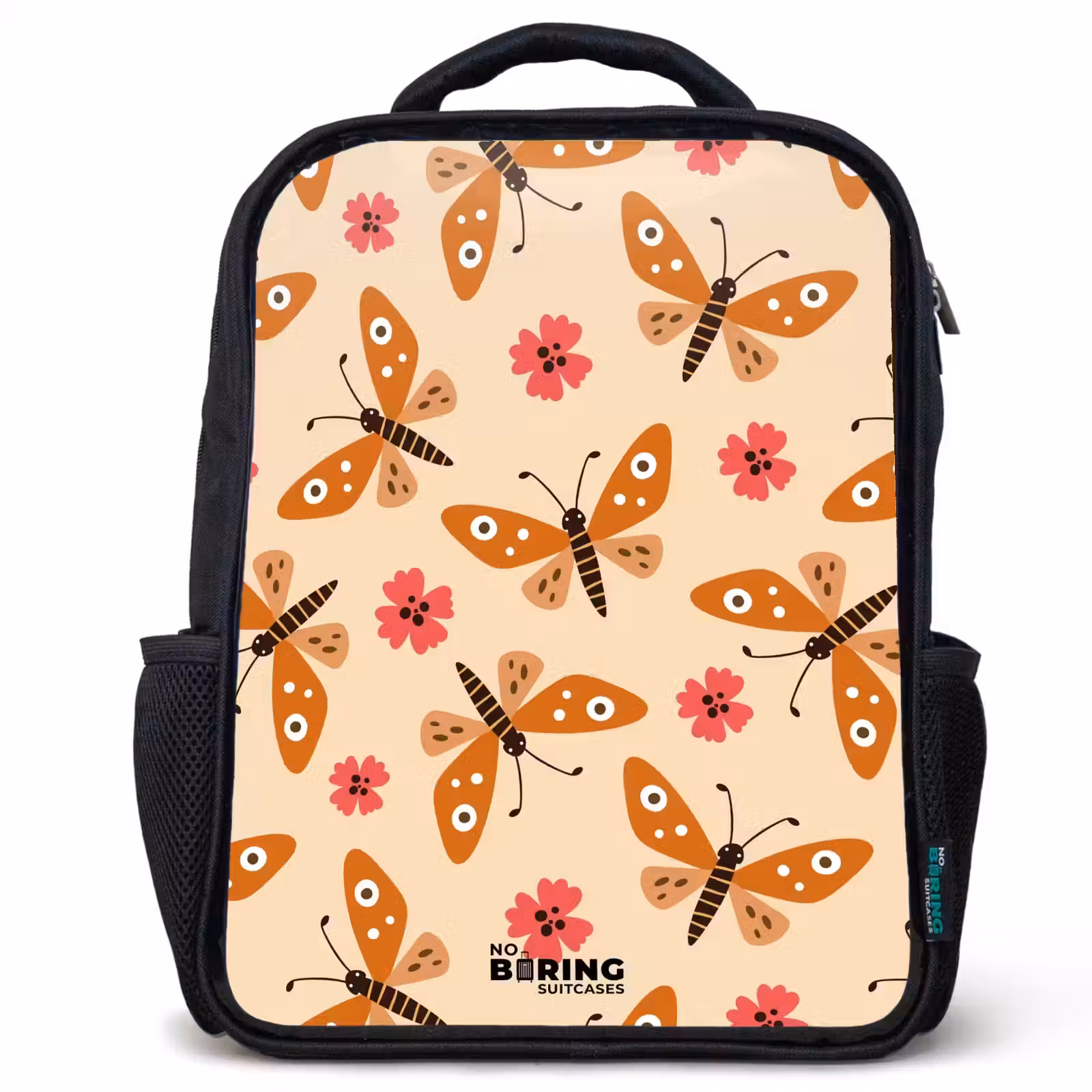 Sac à dos enfant - Noir - Papillons orange et fleurs roses sur fond beige — 1
