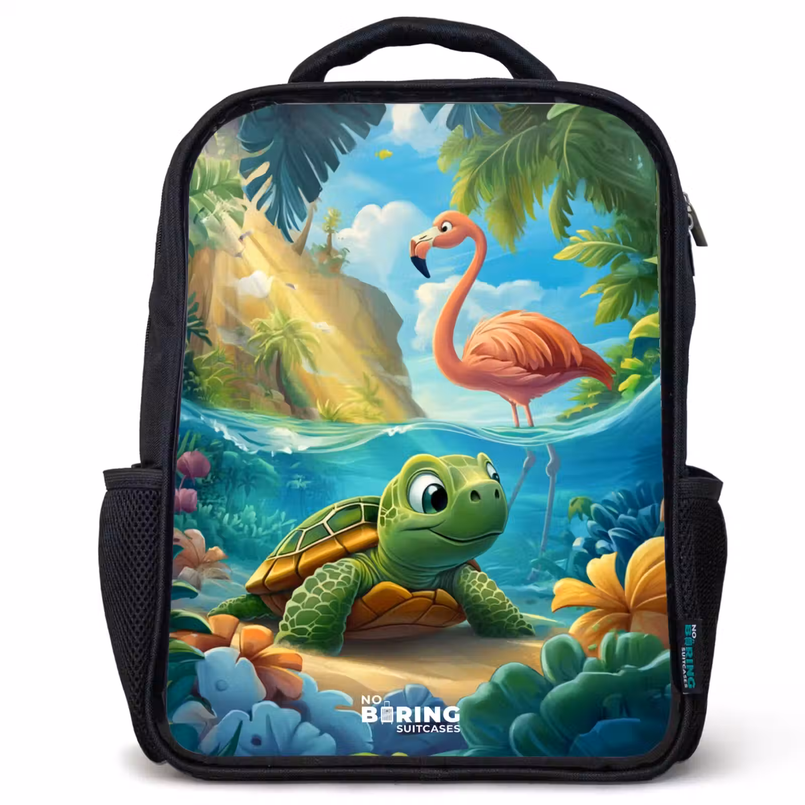 Sac à dos enfant - Noir - Tortue dans l'eau tropicale avec flamant rose — 1