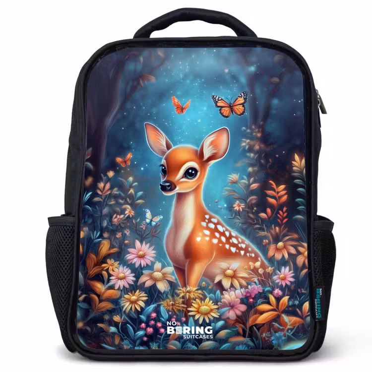 Sac à dos enfant - Noir - Cerf parmi les fleurs dans une forêt enchantée — 1