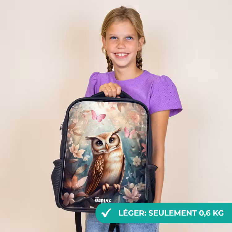 Sac à dos enfant - Noir - Chouette avec papillons dans une forêt mystique — 9