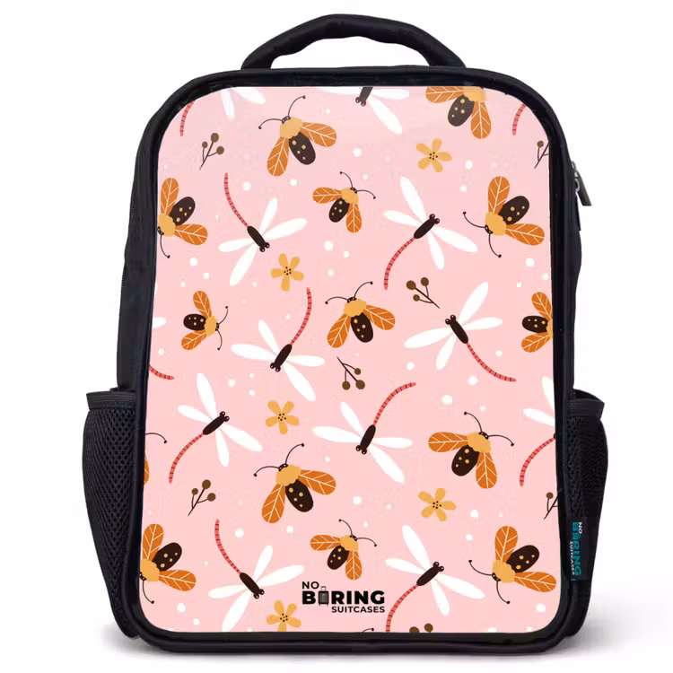 Sac à dos enfant - Noir - Coccinelles et libellules sur fond rose — 1