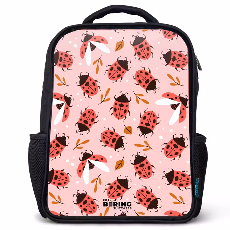 Sac à dos enfant - Noir - Coccinelles rouges sur fond rose — 1