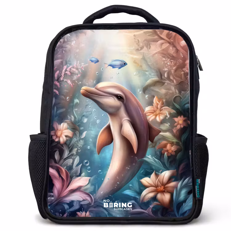 Sac à dos enfant - Noir - Dauphin et poisson dans un monde de fleurs sous-marines — 1