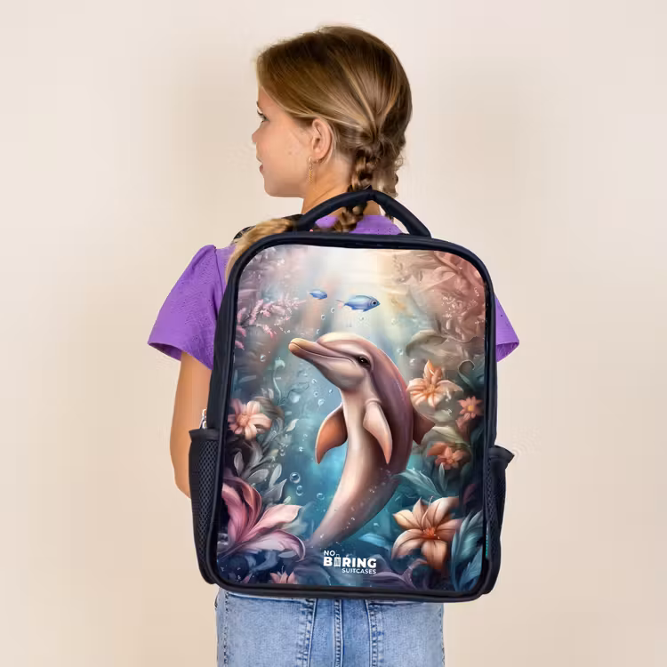 Sac à dos enfant - Noir - Dauphin et poisson dans un monde de fleurs sous-marines — 4