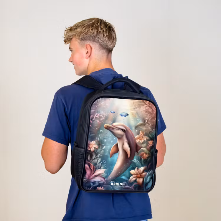 Sac à dos enfant - Noir - Dauphin et poisson dans un monde de fleurs sous-marines — 5