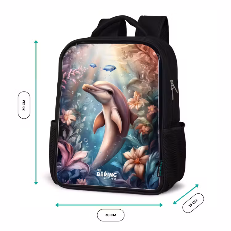 Sac à dos enfant - Noir - Dauphin et poisson dans un monde de fleurs sous-marines — 8