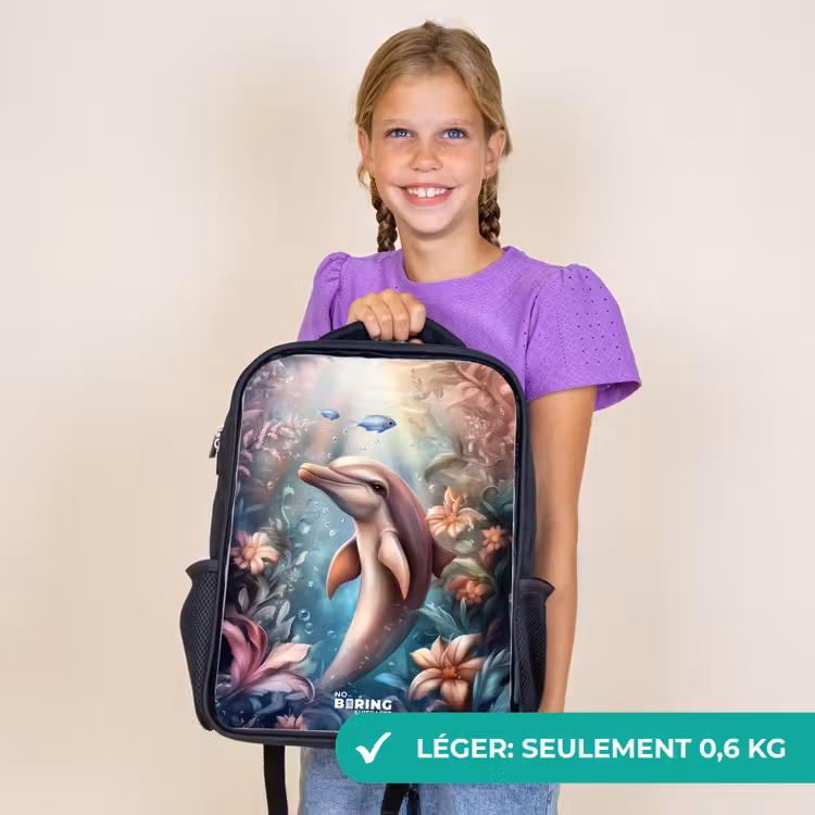 Sac à dos enfant - Noir - Dauphin et poisson dans un monde de fleurs sous-marines — 9