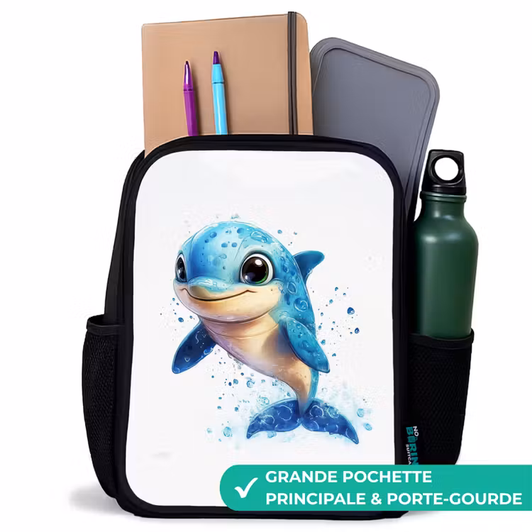 Sac à dos enfant - Noir - Dauphin heureux avec gouttes d'eau sur blanc — 10