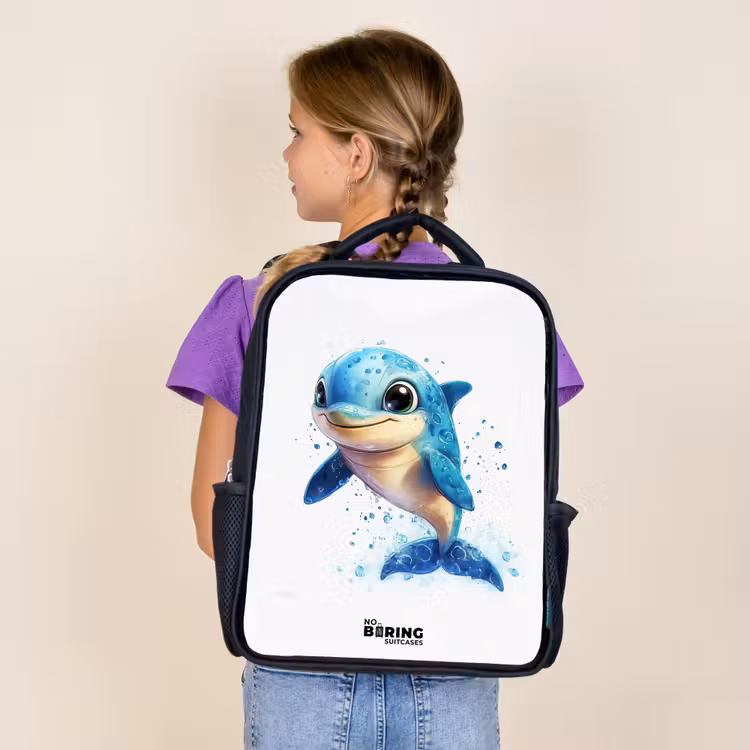 Sac à dos enfant - Noir - Dauphin heureux avec gouttes d'eau sur blanc — 4