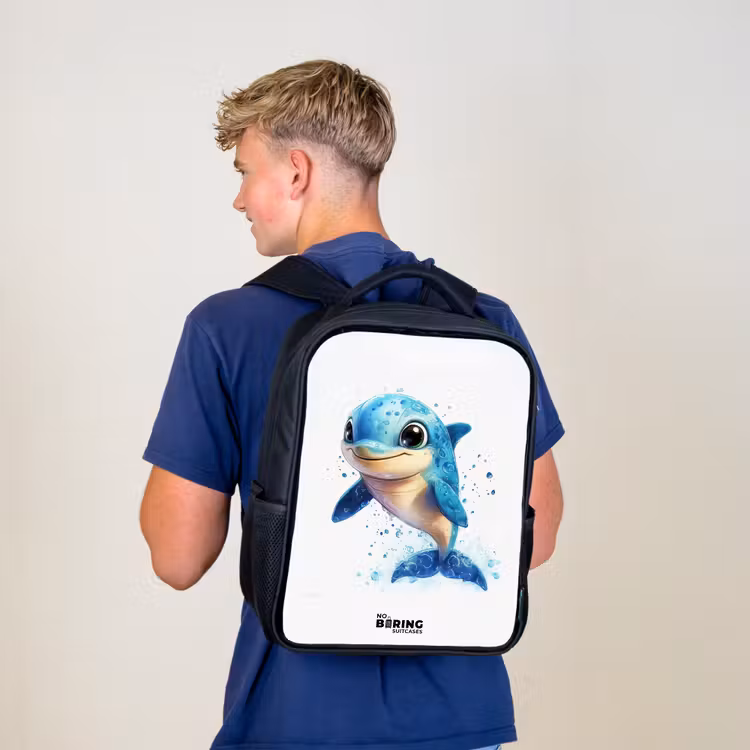Sac à dos enfant - Noir - Dauphin heureux avec gouttes d'eau sur blanc — 5