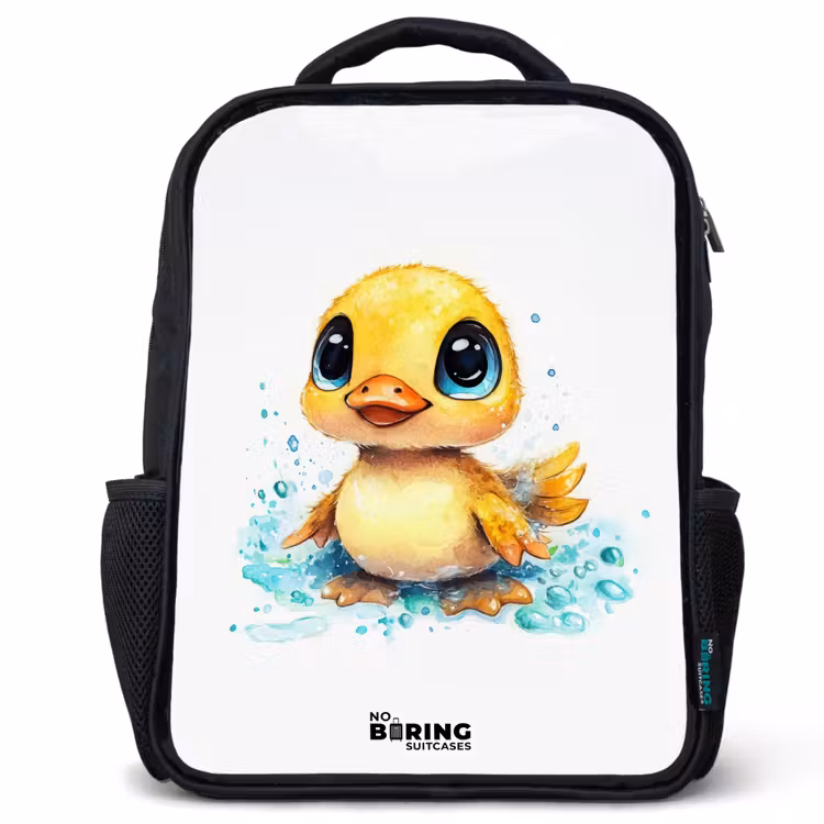 Sac à dos enfant - Noir - Doux caneton aux yeux bleus et aux éclaboussures d'eau — 1