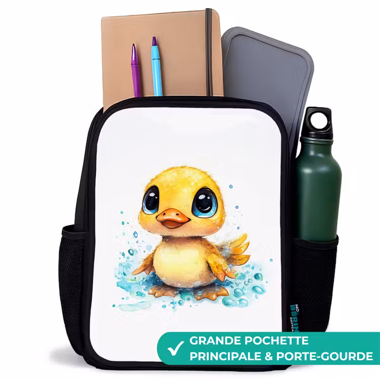 Sac à dos enfant - Noir - Doux caneton aux yeux bleus et aux éclaboussures d'eau — 10