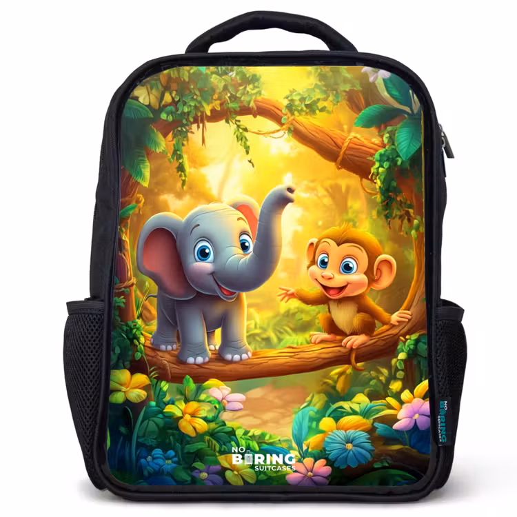 Sac à dos enfant - Noir - Éléphant et singe dans une jungle colorée — 1
