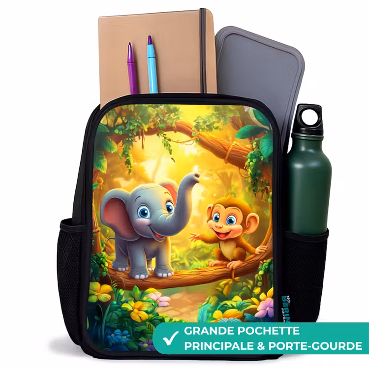 Sac à dos enfant - Noir - Éléphant et singe dans une jungle colorée — 10