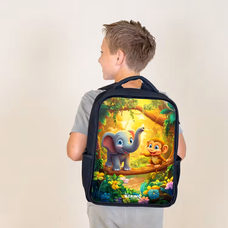 Sac à dos enfant - Noir - Éléphant et singe dans une jungle colorée — 2