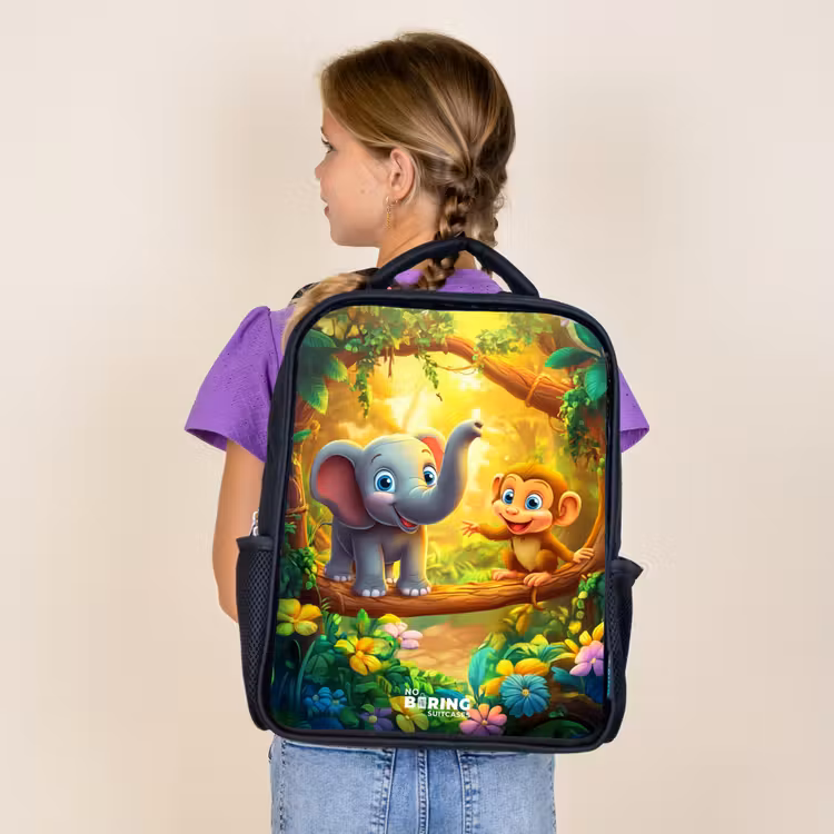 Sac à dos enfant - Noir - Éléphant et singe dans une jungle colorée — 4