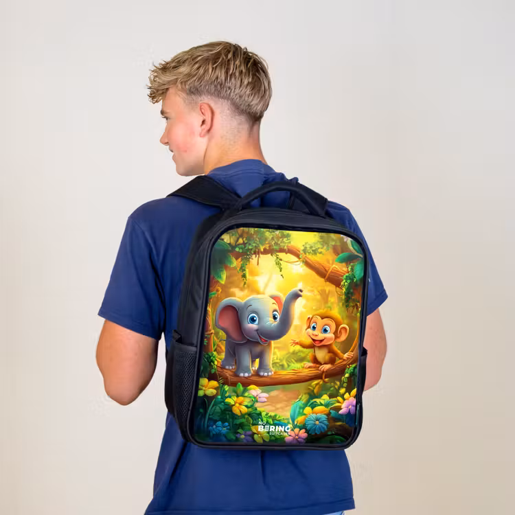 Sac à dos enfant - Noir - Éléphant et singe dans une jungle colorée — 5