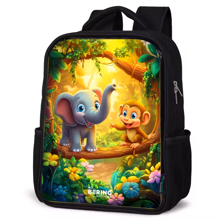 Sac à dos enfant - Noir - Éléphant et singe dans une jungle colorée — 6