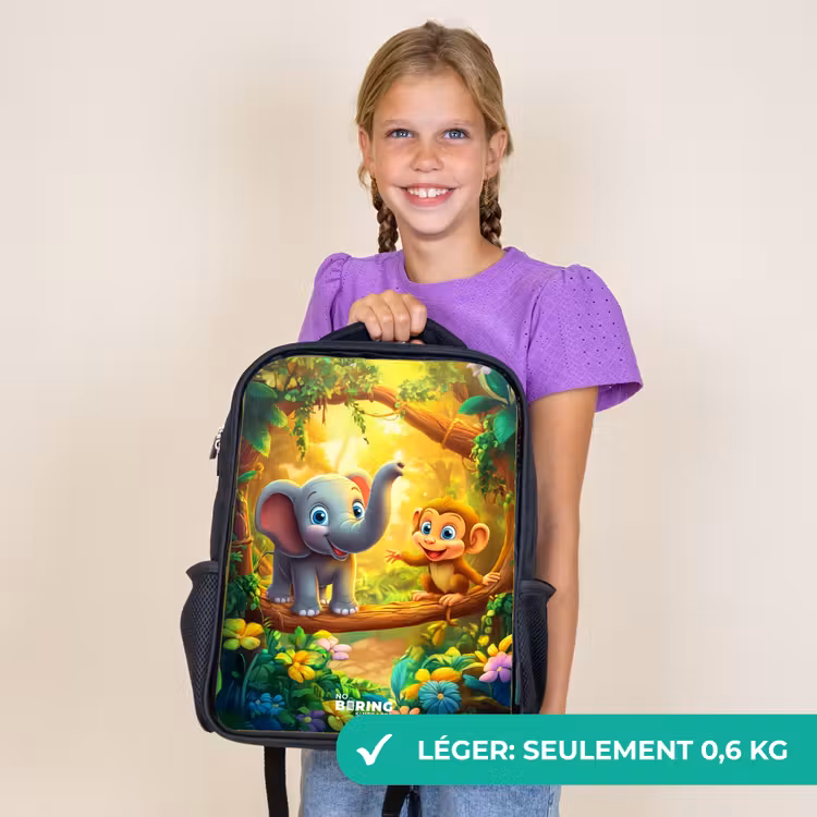 Sac à dos enfant - Noir - Éléphant et singe dans une jungle colorée — 9