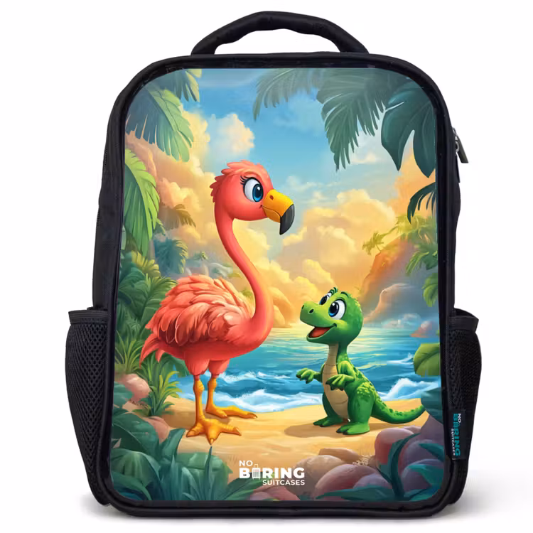 Sac à dos enfant - Noir - Flamant et dinosaure sur la plage au coucher du soleil — 1