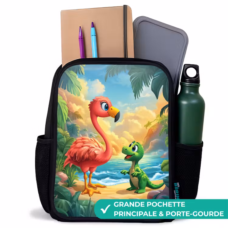 Sac à dos enfant - Noir - Flamant et dinosaure sur la plage au coucher du soleil — 10