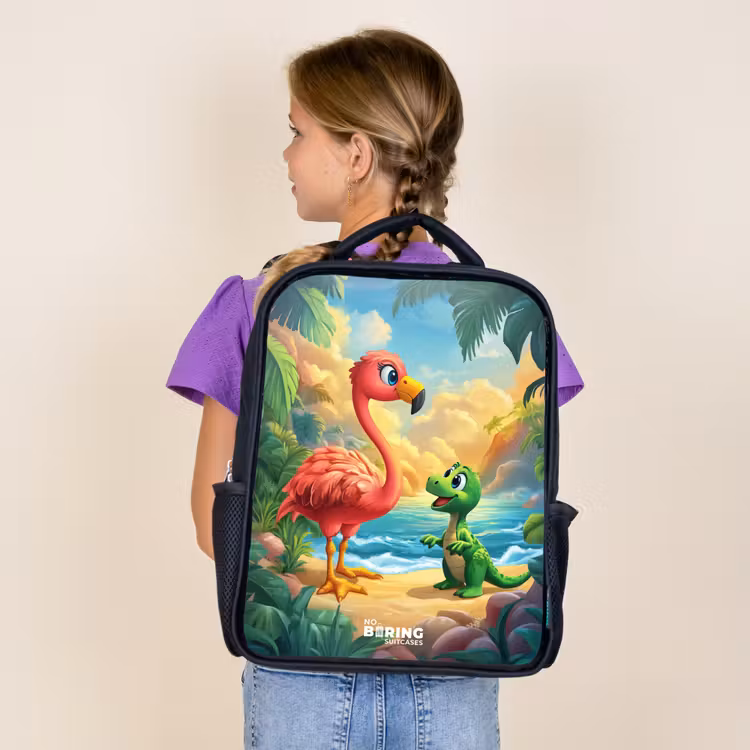 Sac à dos enfant - Noir - Flamant et dinosaure sur la plage au coucher du soleil — 4