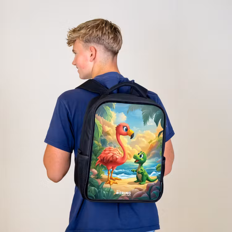Sac à dos enfant - Noir - Flamant et dinosaure sur la plage au coucher du soleil — 5