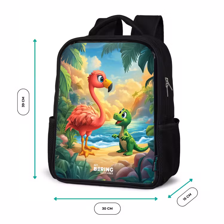 Sac à dos enfant - Noir - Flamant et dinosaure sur la plage au coucher du soleil — 8