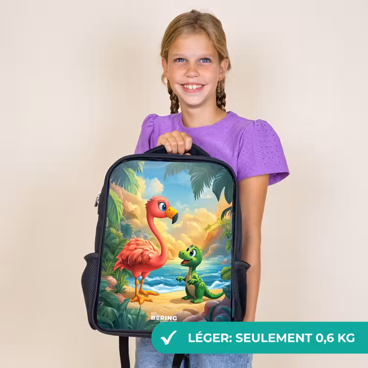 Sac à dos enfant - Noir - Flamant et dinosaure sur la plage au coucher du soleil — 9