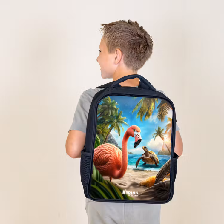 Sac à dos enfant - Noir - Flamant et tortue sur une plage tropicale — 2