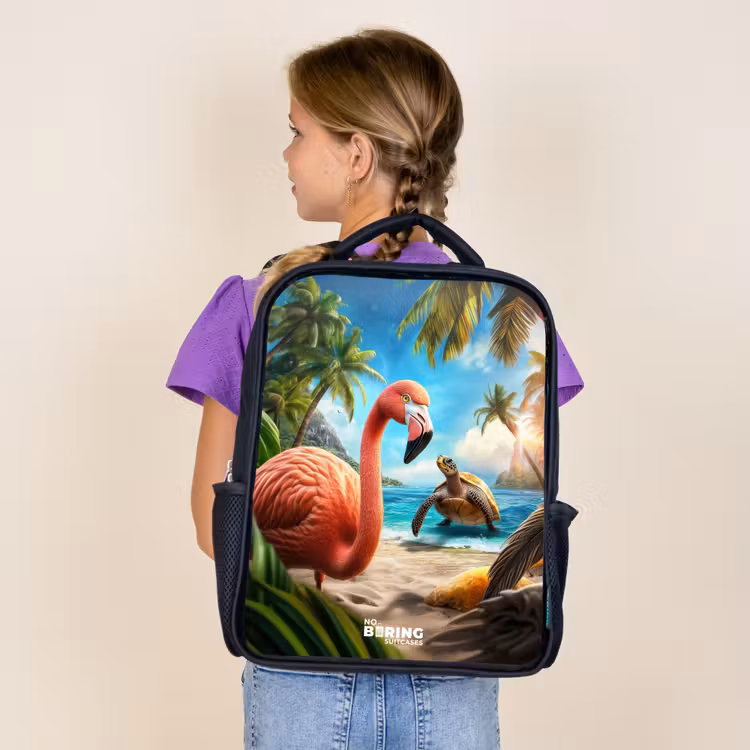 Sac à dos enfant - Noir - Flamant et tortue sur une plage tropicale — 4