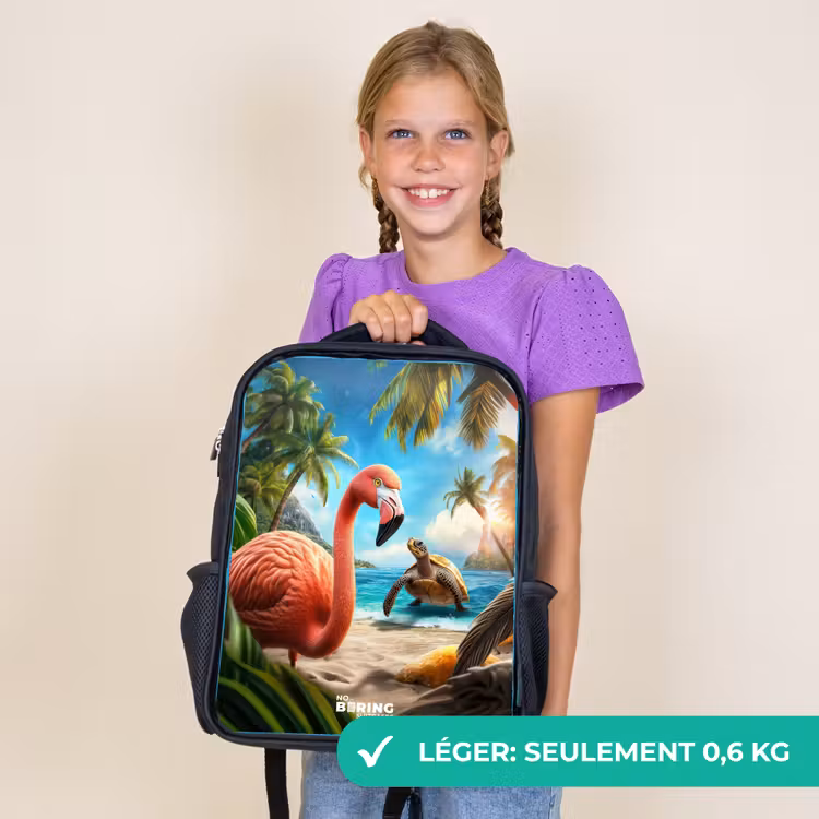 Sac à dos enfant - Noir - Flamant et tortue sur une plage tropicale — 9