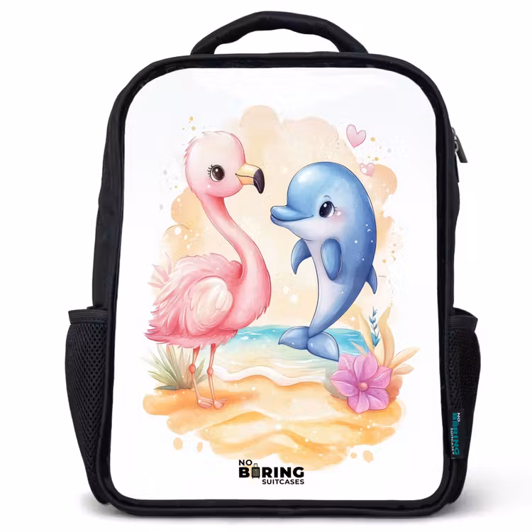 Sac à dos enfant - Noir - Flamant rose et dauphin bleu sur une plage — 1