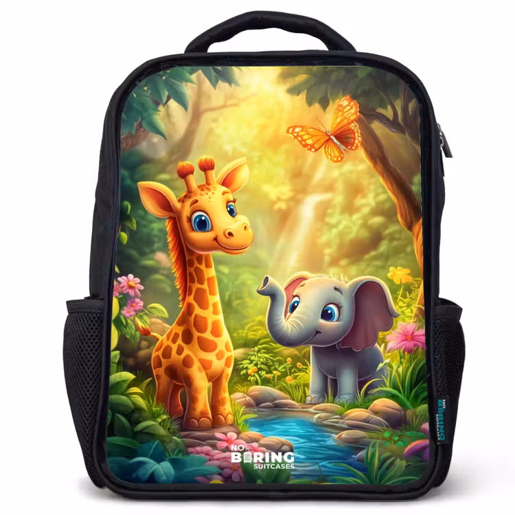 Sac à dos enfant - Noir - Girafe et éléphant au bord d'un ruisseau dans la jungle — 1