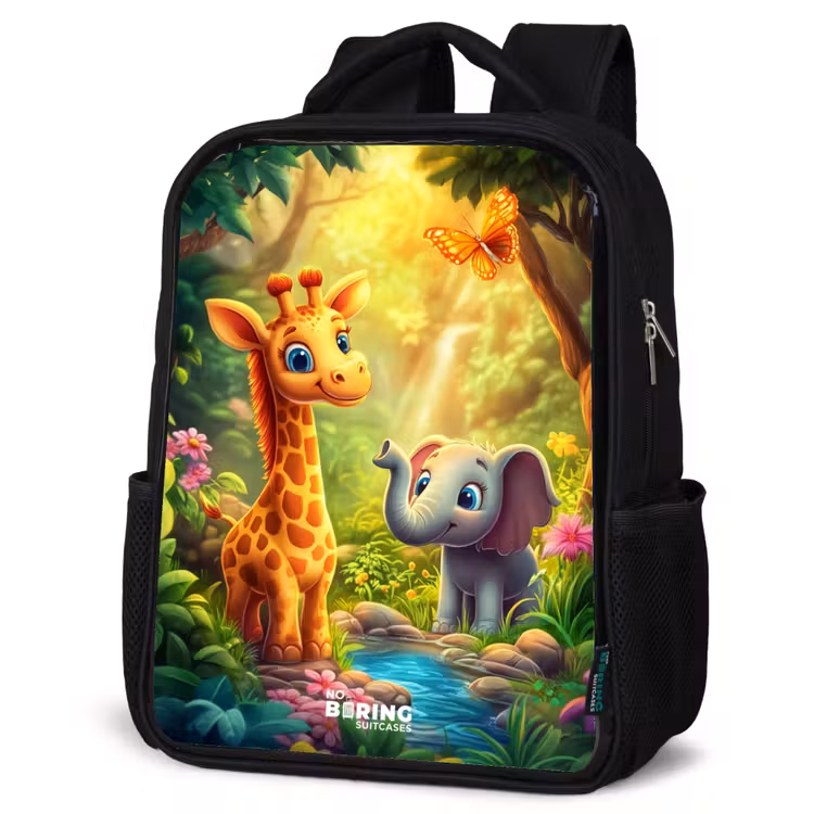 Sac à dos enfant - Noir - Girafe et éléphant au bord d'un ruisseau dans la jungle — 6